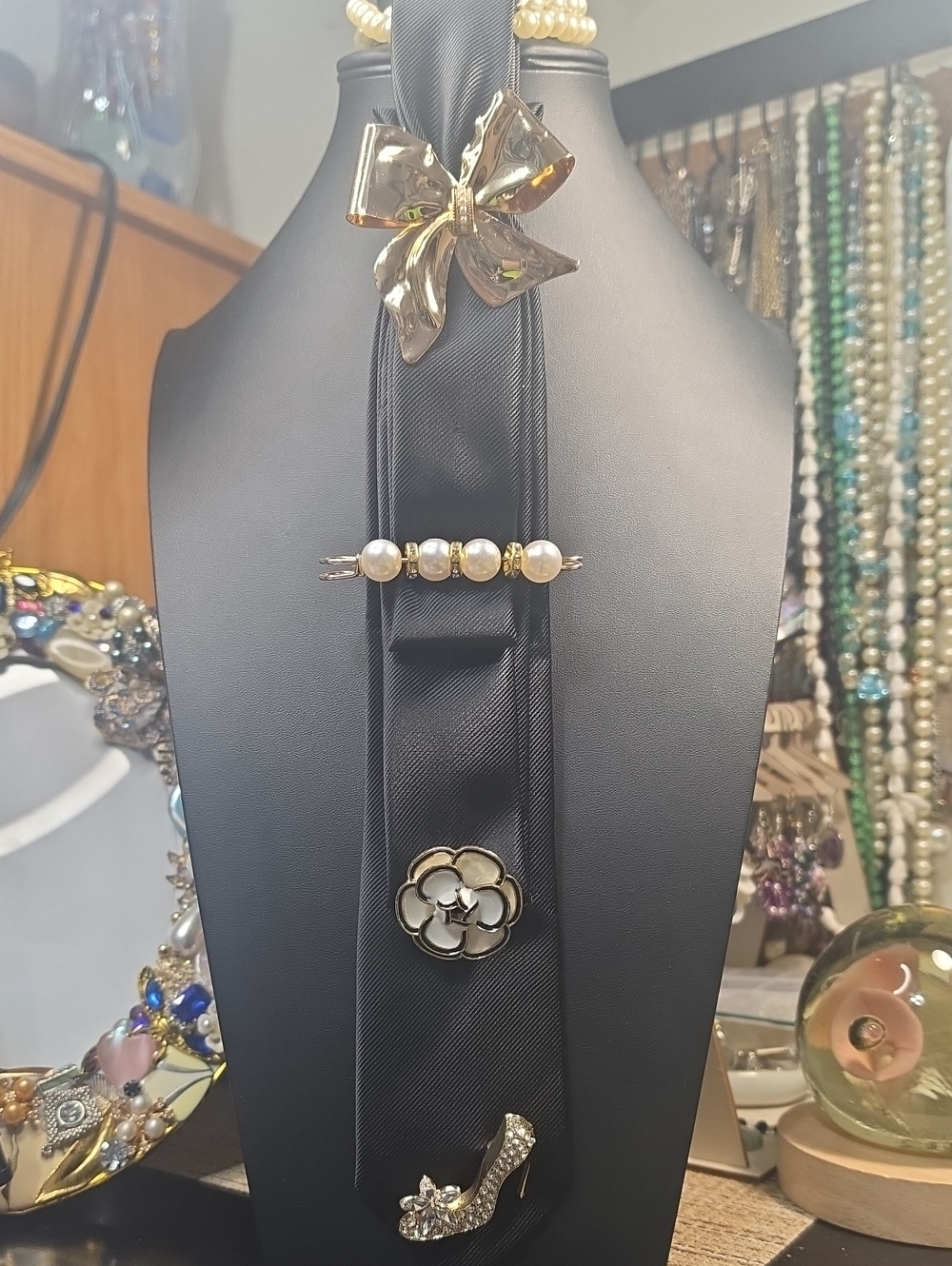 Custom Black Necktie And Faux Pearl Necklace